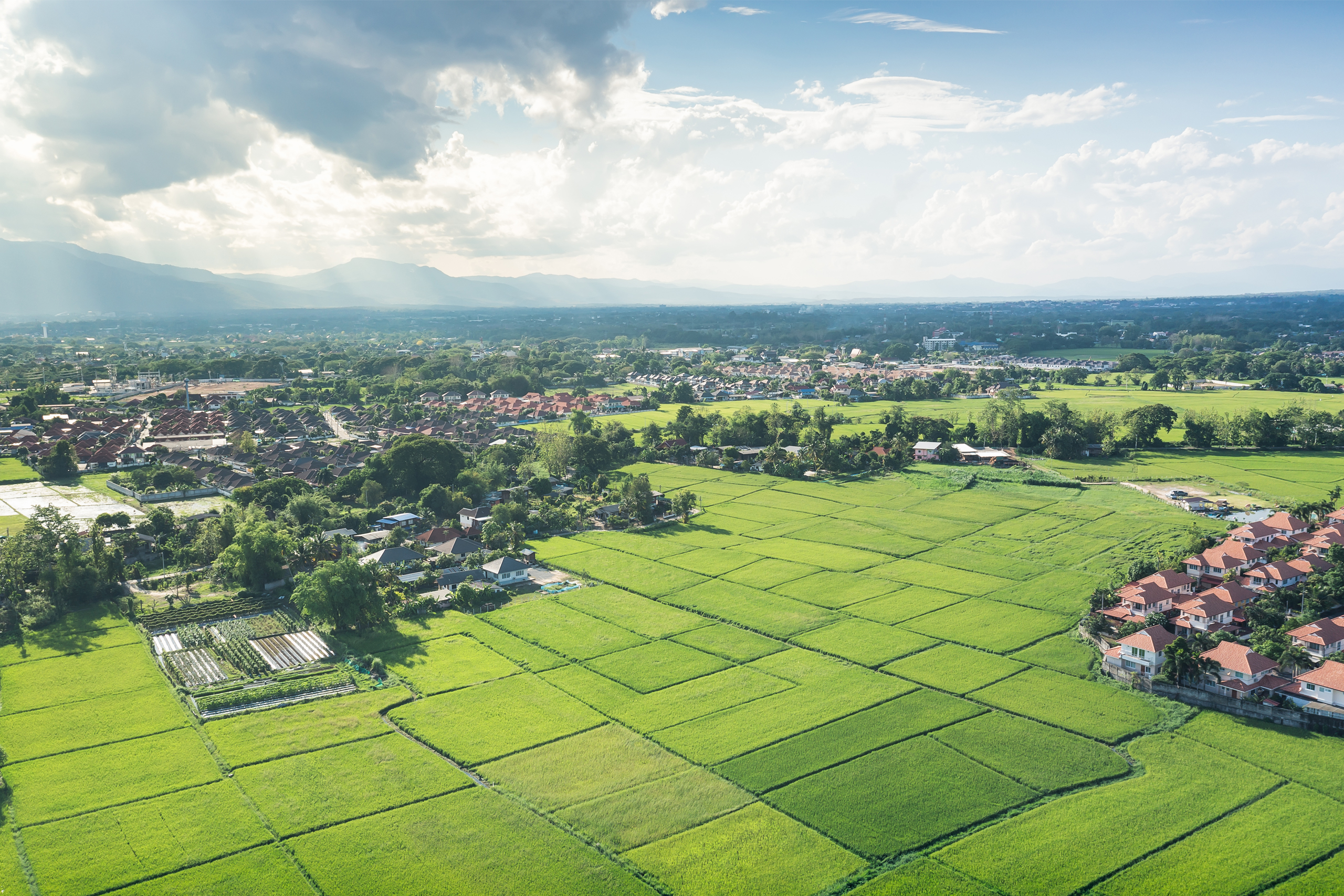 Aerial view of green fields and housing on the edge of a town